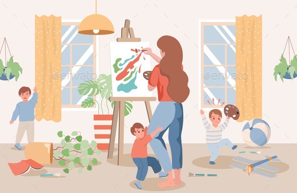 Young Mother Drawing Abstract Picture Children