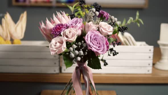 Camera Round Movement Beautiful Fresh Bouquet in the Flower Shop Floral Composition Consists of Rose