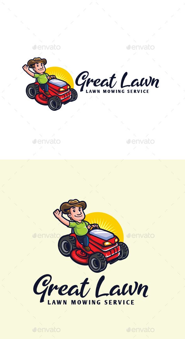 Great lawn - Cartoon Lawn Mowing Mascot Logo