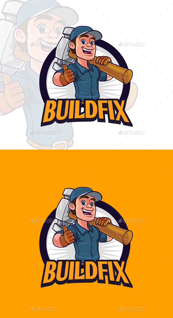 Cartoon Big Hammer Handyman Character Mascot Logo
