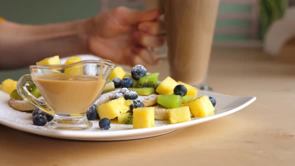 Breakfast With Pancakes With Fruits, Berries, Peanut Butter And Coffee Latte.