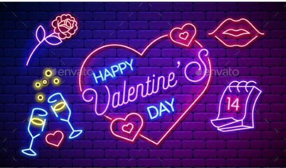 Neon Valentines Day Card or Poster Vector Banner