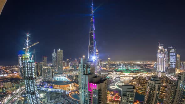 Dubai Downtown Cityscape with Burj Khalifa LightUp Light Show Aerial Timelapse