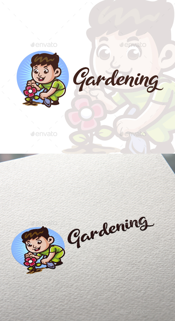 Cartoon Gardening Boy Character Mascot Logo