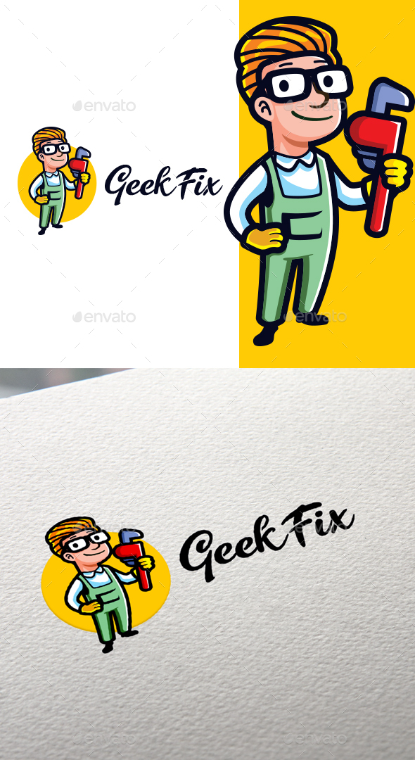 Cartoon Geek Plumber Character Mascot Logo