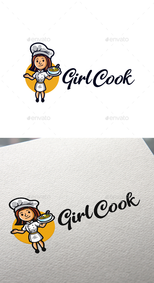 Cartoon Girl Cook - Chef Noodle Character Mascot Logo
