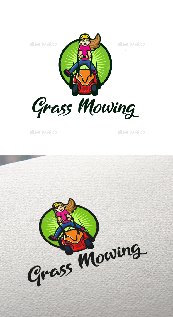 Cartoon Grass Mowing Character Mascot Logo