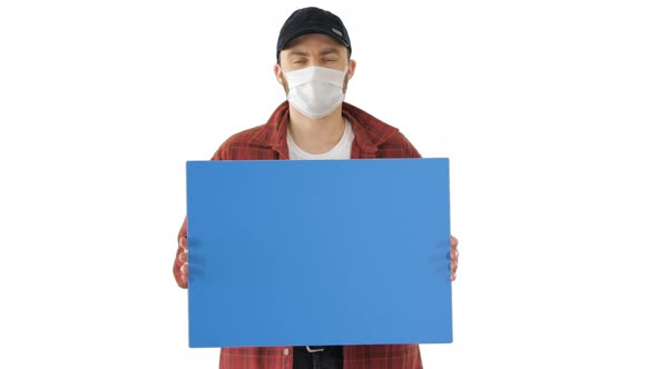 Mature Male Farmer In Medical Mask Holding Blank Placard on White Background