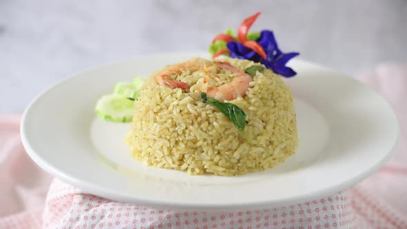 Shrimp fried rice on a white plate
