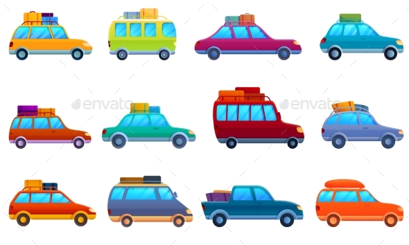 Car Trip Icons Set Cartoon Style