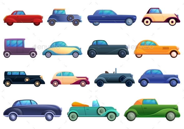 Car Old Icons Set Cartoon Style