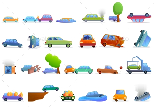 Car Accident Icons Set Cartoon Style
