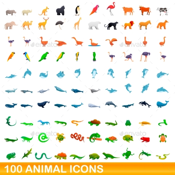 100 Animal Icons Set Cartoon Style