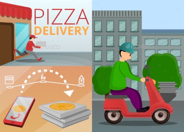 Pizza Delivery Banner Set Cartoon Style