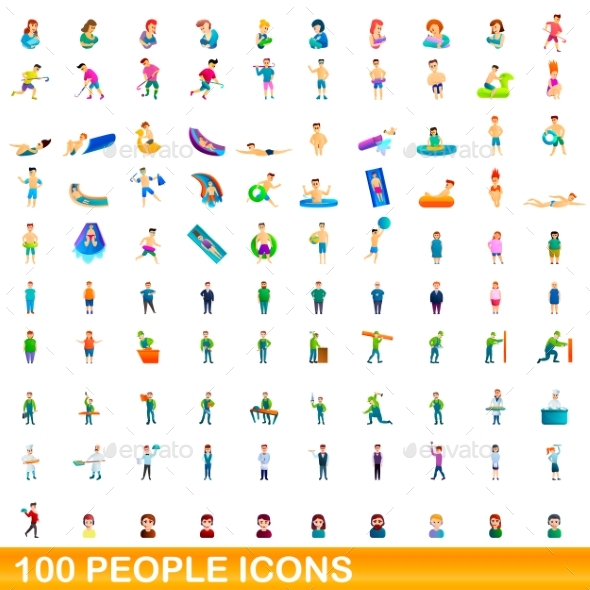 100 People Icons Set Cartoon Style
