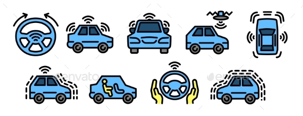 Driverless Car Icons Set Outline Style