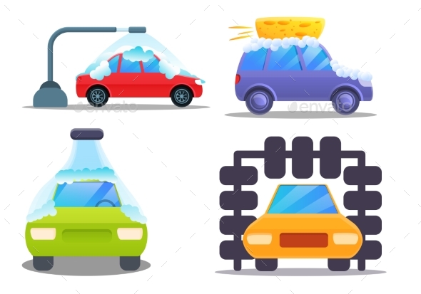 Car Wash Icons Set Cartoon Style