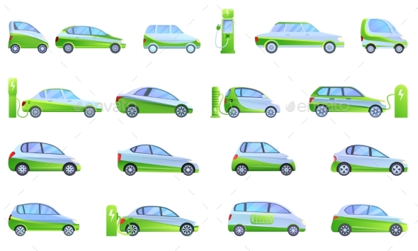 Hybrid Car Icons Set Cartoon Style