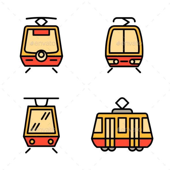 Tram Car Icons Set Outline Style