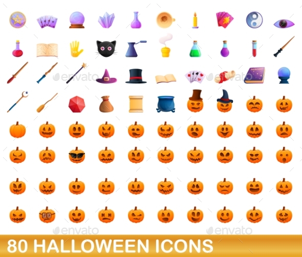 80 Halloween Icons Set Cartoon Style