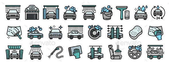 Car Wash Icons Set Outline Style