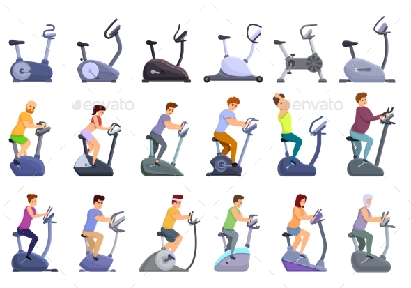 Exercise Bike Icons Set Cartoon Style