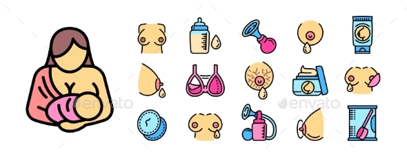 Breastfeeding Icons Set Outline Style