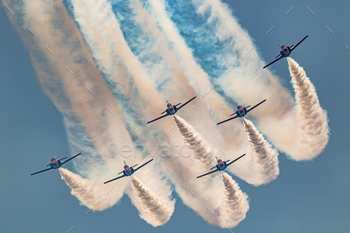  of the Patrulla Aguila taking part in a exhibition on the 14th airshow of Torre del Mar on June 30, 2019, in Motril, Granada, Spain