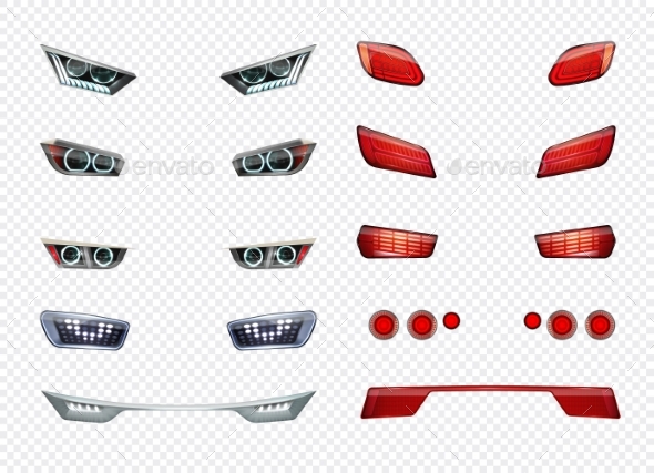 Car Headlights Realistic Transparent Icon Set