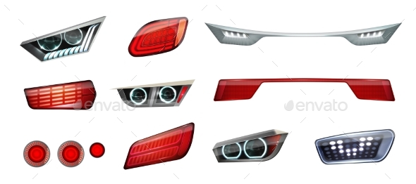 Car Headlights Realistic Icon Set