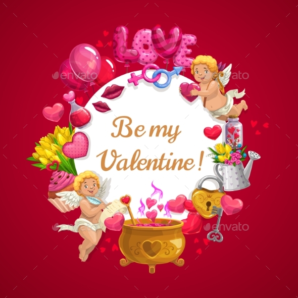 Be My Valentine Love Hearts and Cupid Angels