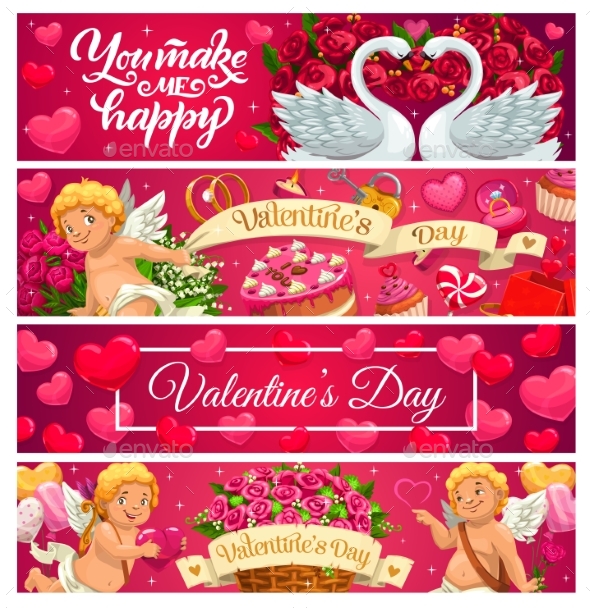 Valentines Day Holiday Banners with Cupids Hearts