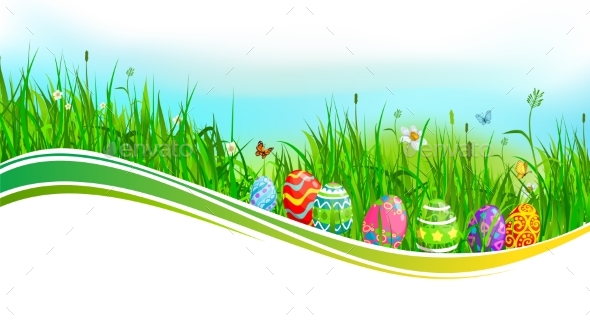 Easter Eggs with Green Grass and Flower Wave