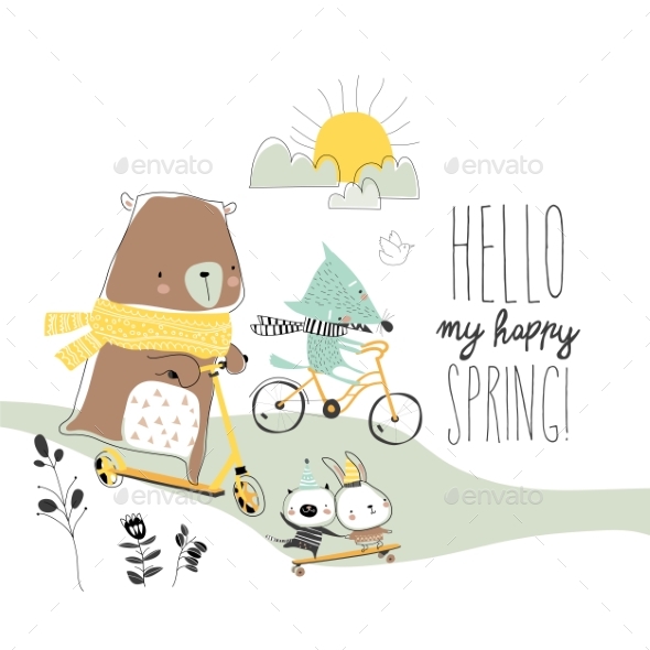 Happy Animals Doing Sport in Spring Forest