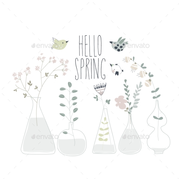 Cartoon Spring Flowers in Different Bottles