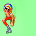 Fashion Party Lady in multicolored wig and zebra boots. Club Disco style 90s. Minimal concept - PhotoDune Item for Sale
