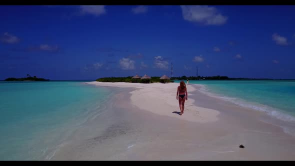 Girls look beautiful on beautiful bay beach trip by transparent ocean with white sandy background of