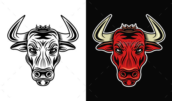 Bull Head in Two Styles Monochrome on White