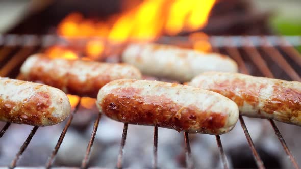 Delicious Juicy Sausages, Cooked on the Grill with a Fire