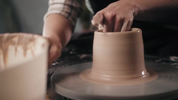 Woman Potter Working with Clay Female Business Handmade Craft Pot for Sale Home Worksjop During