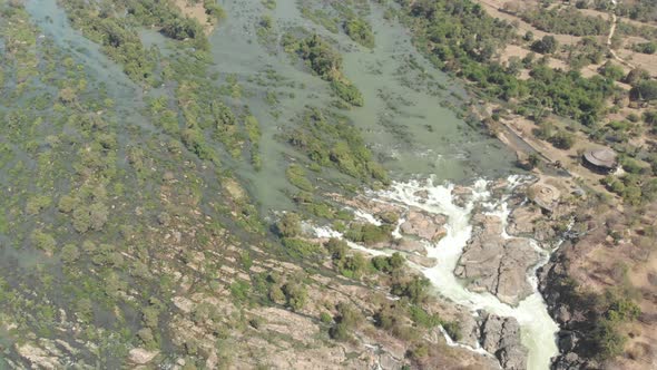 Aerial: flying over Don Det and the 4000 islands Mekong River in Laos