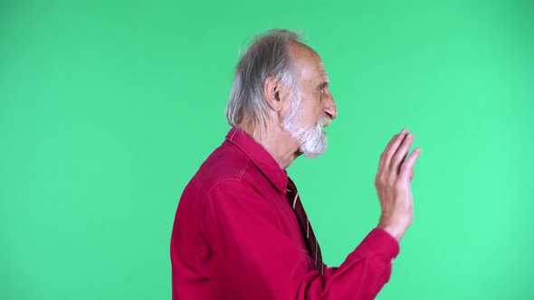 Portrait of Happy Old Aged Man 70s Waving Hand and Communicates with Someone, Isolated Over Green
