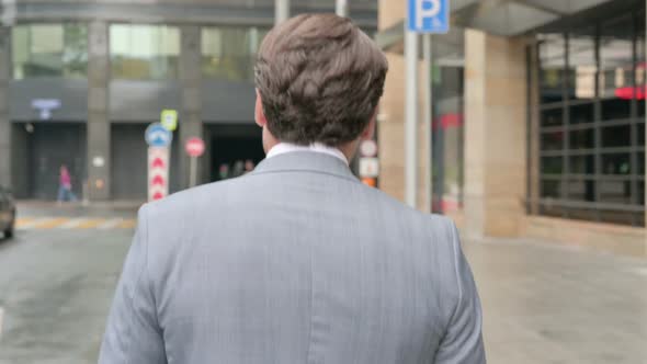 Back View of Middle Aged Businessman Walking on Street