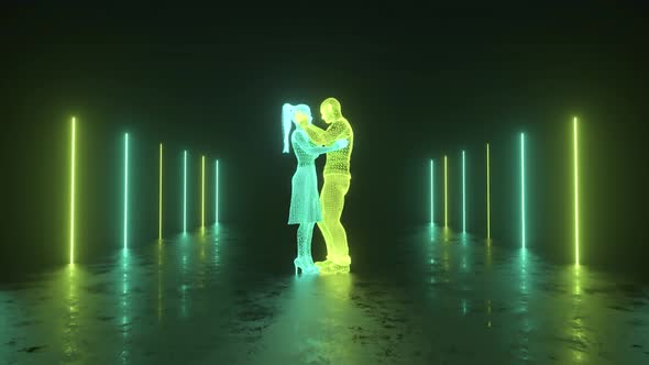 Guy and Girl Kissing in Digital Cyberspace with Neon Lighting