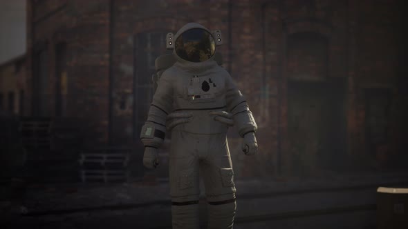 Lost Astronaut Near Abandoned Industrial Buildings of Old Factory alt