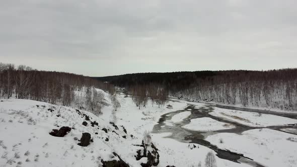 Winter Snow Forest in the Mountains Winter River Before the Onset of Spring