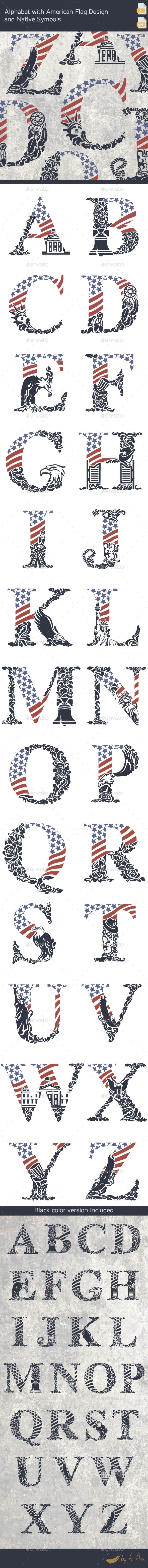 Alphabet with American Flag Design and Native Symbols