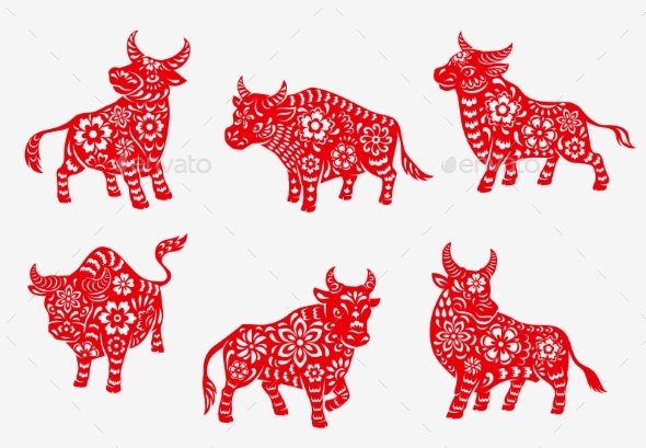 Chinese New Year Zodiac Bull Animal Silhouettes