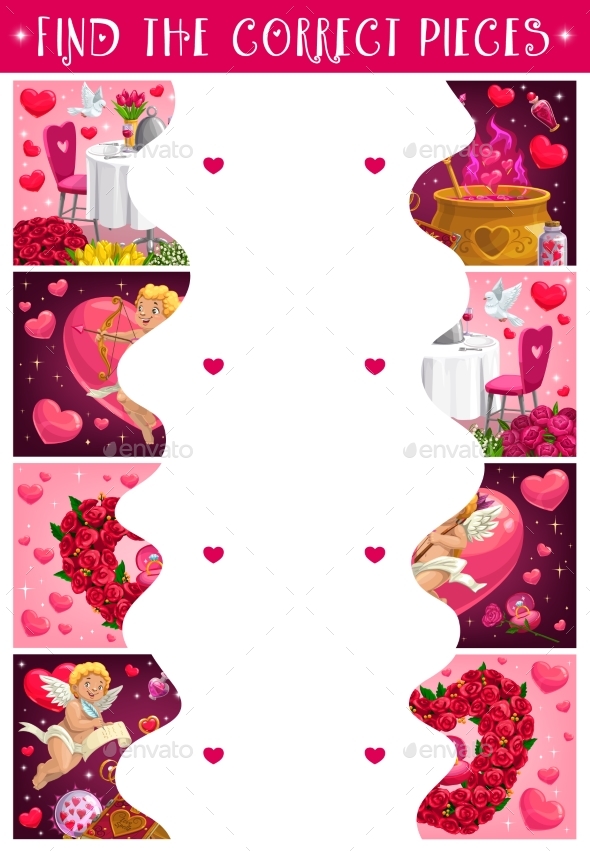 Saint Valentine Day Puzzle with Flowers and Cupids