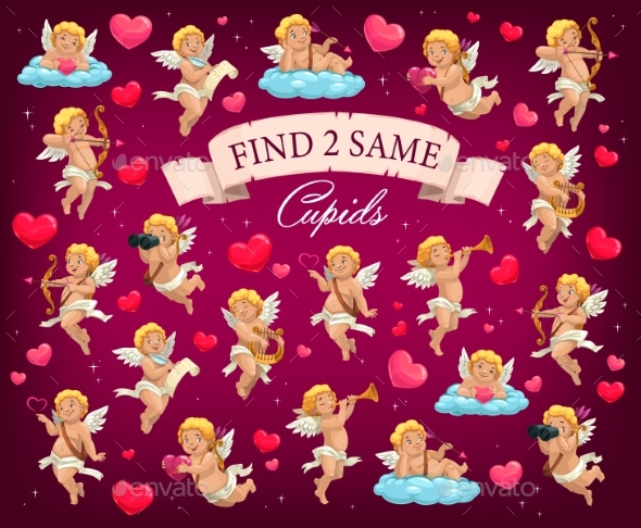 Valentine Day Find Two Same Images Game with Cupid
